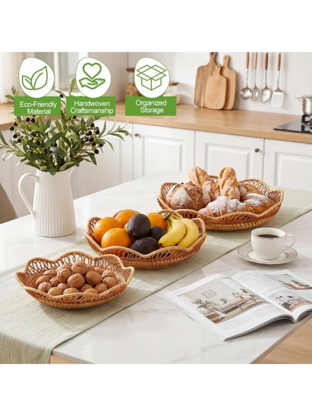 Handmade Rattan Bread & Fruit Baskets Set - Woven Decorative Serving Trays